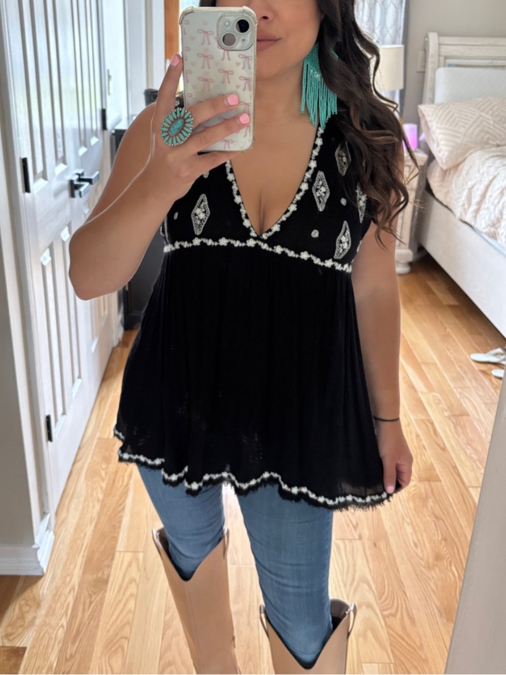 Free People Black Embroidered V-Neck Tunic Top